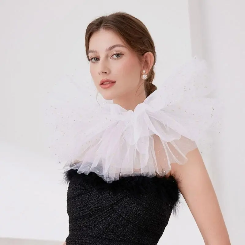 652F Lace Puff Collar Adjustable Belt Tulle Collar for Masquerades Stage Performances Victorian Styles Costume Collar