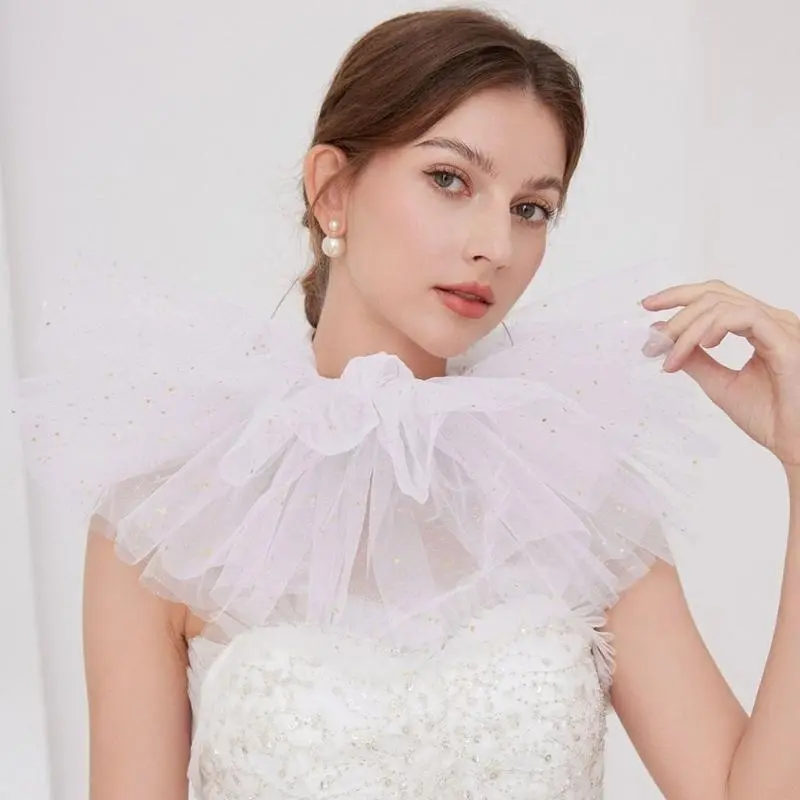 652F Lace Puff Collar Adjustable Belt Tulle Collar for Masquerades Stage Performances Victorian Styles Costume Collar