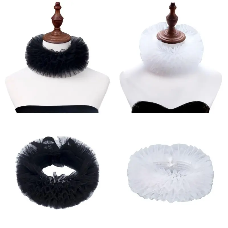 652F Women Mesh Layering Ruffle False Collar Ties Up Chokers Renaissances Small Neck Ruff Collar Shawl for Halloween Costume