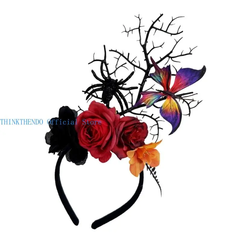 652F Gothic Theme Flower Branch Headbands with Realistic Spiders Halloween Hair Accessories for Adult Festival Headpiece