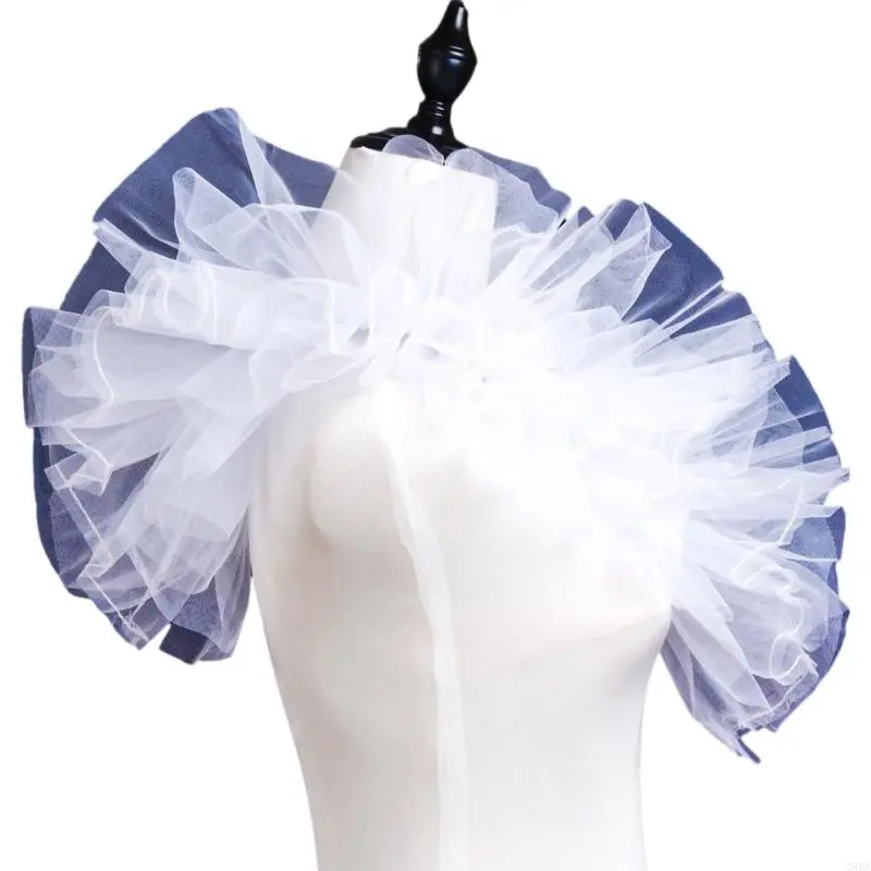 652F Women Vintage Ruffled Mesh Shrug Shawl Detachable Faux Collar Layered Tulle Shoulder Wrap Victorian Renaissances Costume