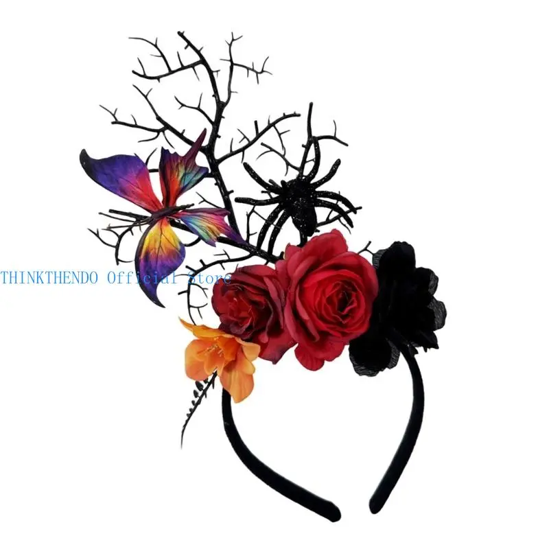 652F Gothic Theme Flower Branch Headbands with Realistic Spiders Halloween Hair Accessories for Adult Festival Headpiece