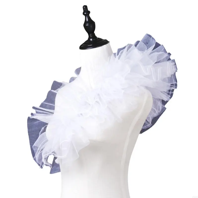 652F Women Vintage Ruffled Mesh Shrug Shawl Detachable Faux Collar Layered Tulle Shoulder Wrap Victorian Renaissances Costume