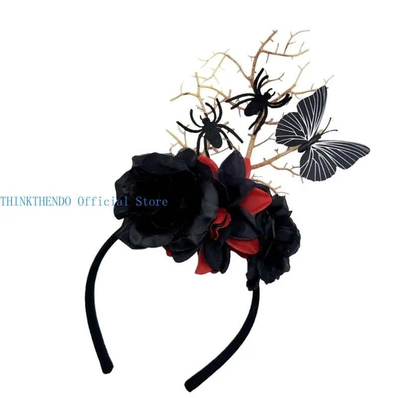 652F Gothic Theme Flower Branch Headbands with Realistic Spiders Halloween Hair Accessories for Adult Festival Headpiece