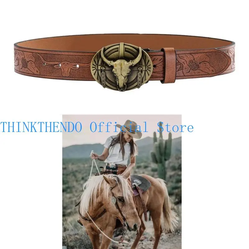 39BB Men Belt Aesthetic Engraved Pattern Denims Belt Vintage Dress Up Party Waist Decor Belts Teens Boys Cowboy Waist Strap