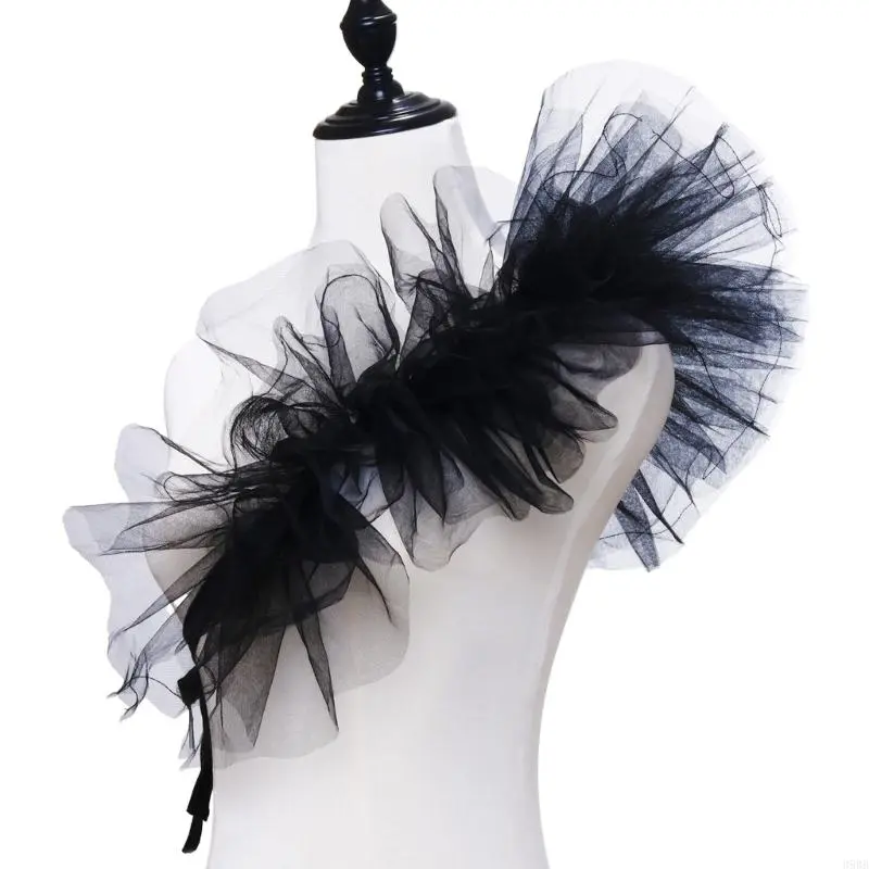 652F Women Vintage Ruffled Mesh Shrug Shawl Detachable Faux Collar Layered Tulle Shoulder Wrap Victorian Renaissances Costume