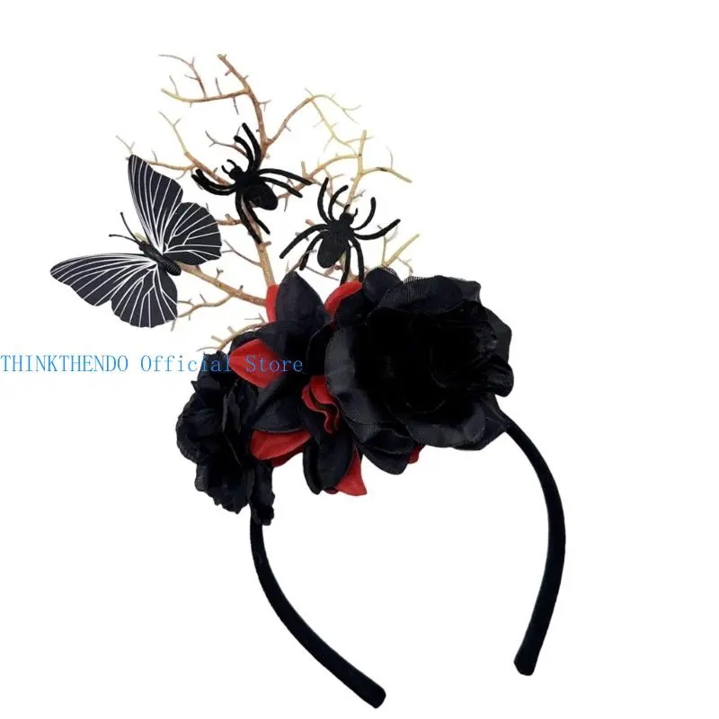 652F Gothic Theme Flower Branch Headbands with Realistic Spiders Halloween Hair Accessories for Adult Festival Headpiece
