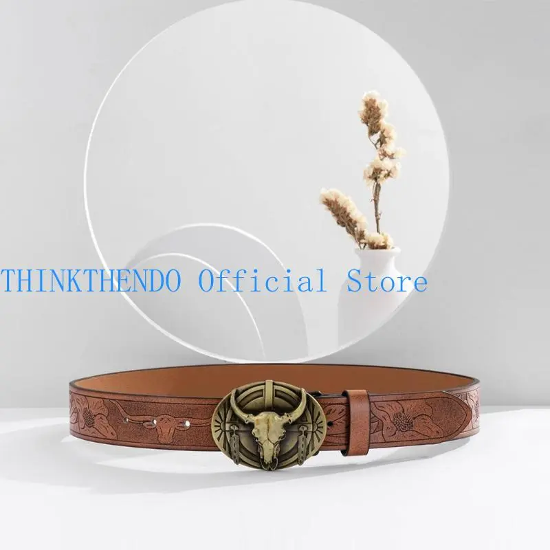 39BB Men Belt Aesthetic Engraved Pattern Denims Belt Vintage Dress Up Party Waist Decor Belts Teens Boys Cowboy Waist Strap