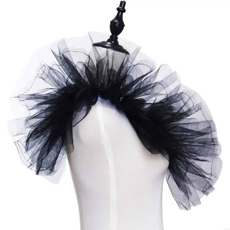 652F Women Vintage Ruffled Mesh Shrug Shawl Detachable Faux Collar Layered Tulle Shoulder Wrap Victorian Renaissances Costume
