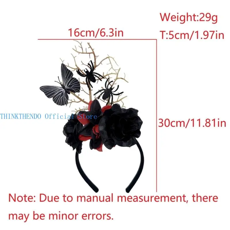 652F Gothic Theme Flower Branch Headbands with Realistic Spiders Halloween Hair Accessories for Adult Festival Headpiece