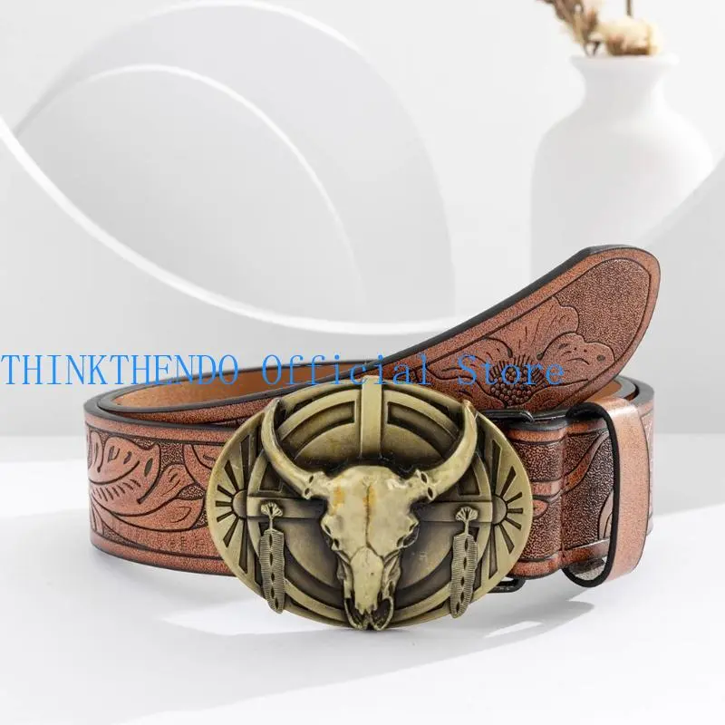 39BB Men Belt Aesthetic Engraved Pattern Denims Belt Vintage Dress Up Party Waist Decor Belts Teens Boys Cowboy Waist Strap
