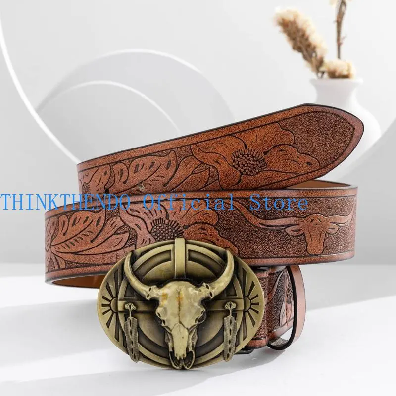 39BB Men Belt Aesthetic Engraved Pattern Denims Belt Vintage Dress Up Party Waist Decor Belts Teens Boys Cowboy Waist Strap