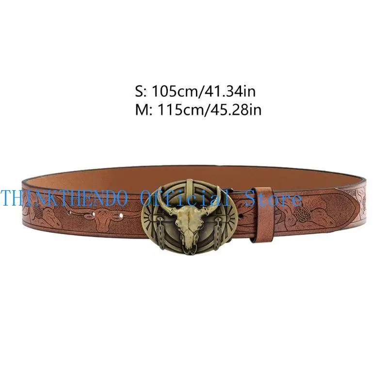 39BB Men Belt Aesthetic Engraved Pattern Denims Belt Vintage Dress Up Party Waist Decor Belts Teens Boys Cowboy Waist Strap