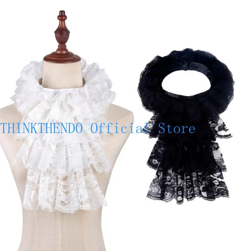 652F Ruffled Lace Jabot Collar with Multilayered for Masquerades Party Stage Performances Victorian Styles Costume Collar