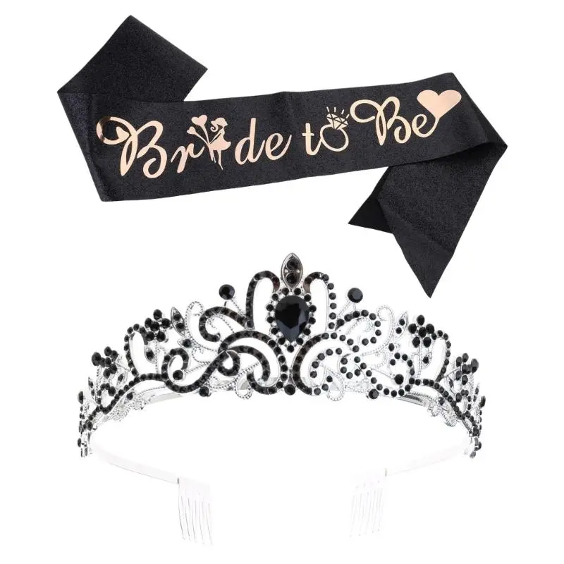 652F Bachelorette Party Sash Headband Crown Set Bride to Be Hen Night Bridal Shower Crown Hen Party Engagement