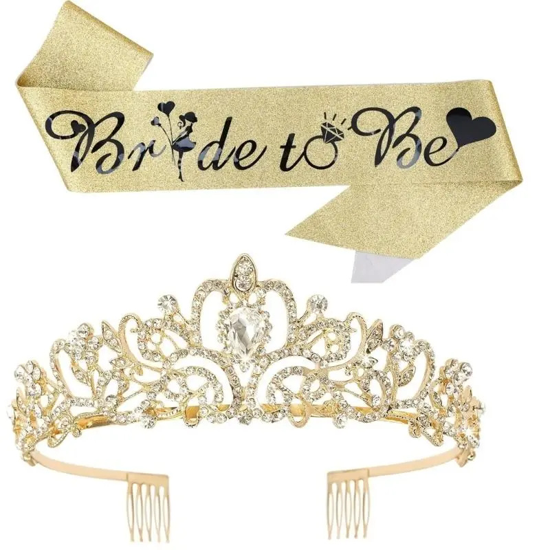652F Bachelorette Party Sash Headband Crown Set Bride to Be Hen Night Bridal Shower Crown Hen Party Engagement