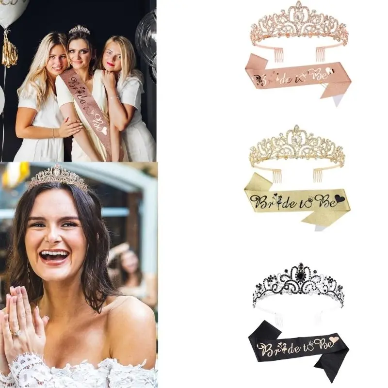 652F Bachelorette Party Sash Headband Crown Set Bride to Be Hen Night Bridal Shower Crown Hen Party Engagement