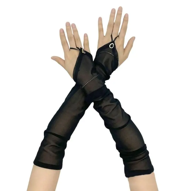 652F Vintage 1920s Theme Party Long Fingerless Gloves with Rhinestones Sheer Gloves for Weddings Flapper Costume Accessory
