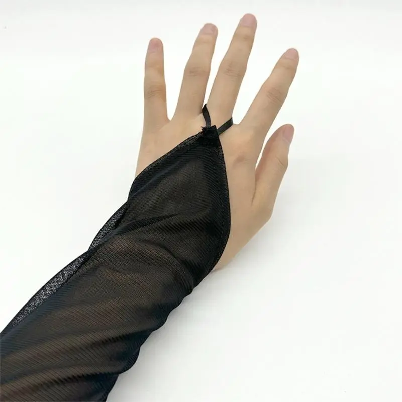 652F Vintage 1920s Theme Party Long Fingerless Gloves with Rhinestones Sheer Gloves for Weddings Flapper Costume Accessory