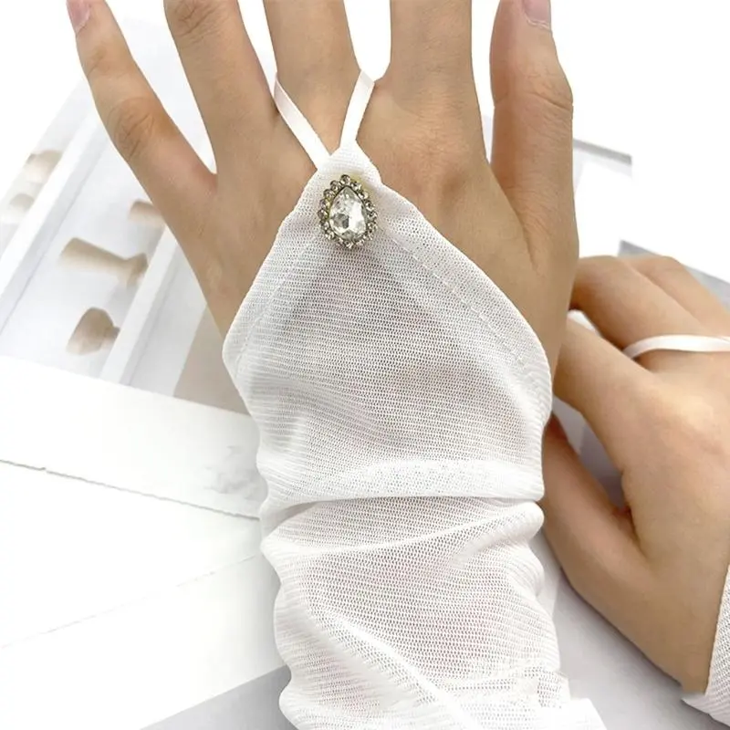 652F Vintage 1920s Theme Party Long Fingerless Gloves with Rhinestones Sheer Gloves for Weddings Flapper Costume Accessory