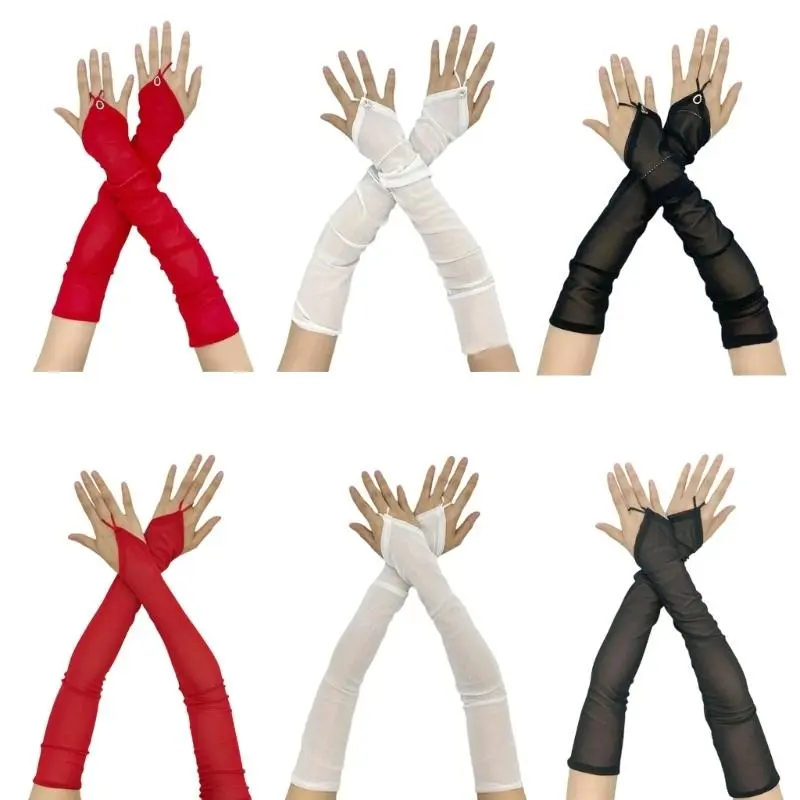 652F Vintage 1920s Theme Party Long Fingerless Gloves with Rhinestones Sheer Gloves for Weddings Flapper Costume Accessory