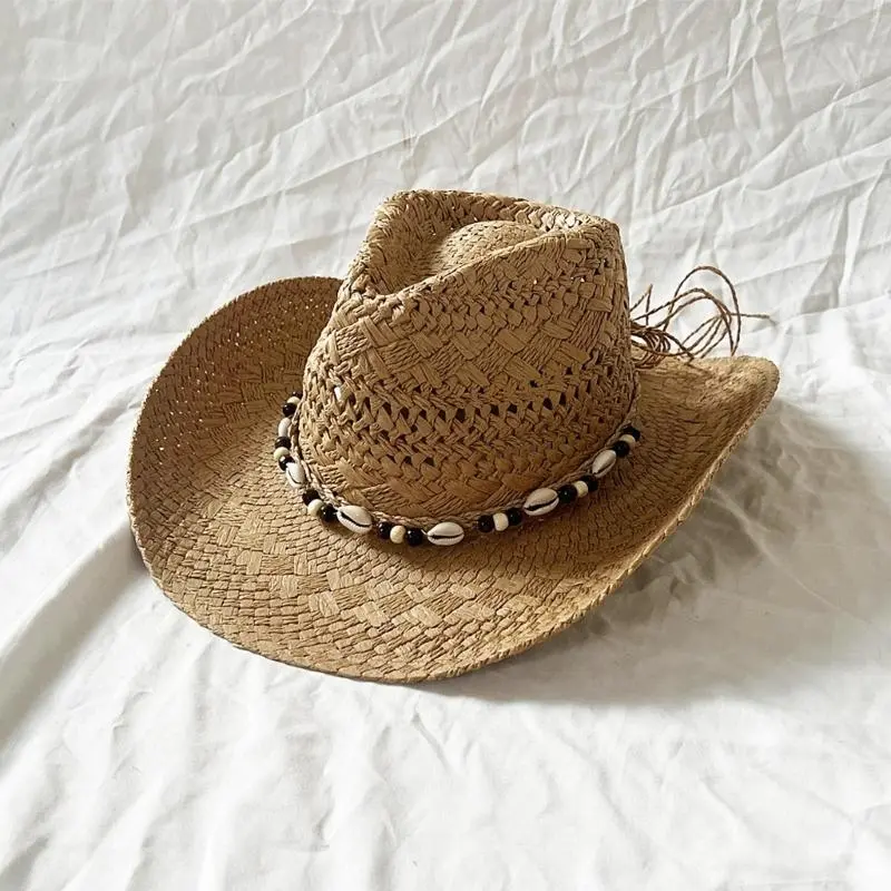 652F Breathable Seashells Band Straw Hat Women Western Vacation Hat Roll Brims Travel Hat Beachwear Hat for Leisure Outfits
