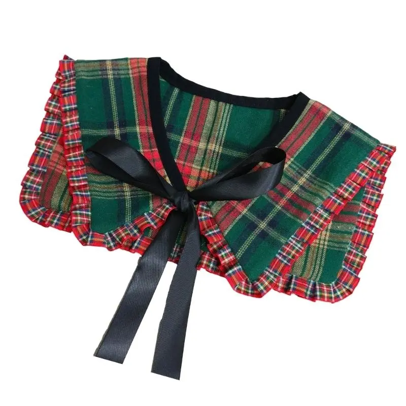 652F Women Lightweight Detachable False Collar Shawl Scarf Vintage Checkered Plaids Neckline Ruffled Trim Bows Tie Capelet