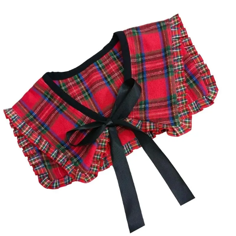 652F Women Lightweight Detachable False Collar Shawl Scarf Vintage Checkered Plaids Neckline Ruffled Trim Bows Tie Capelet