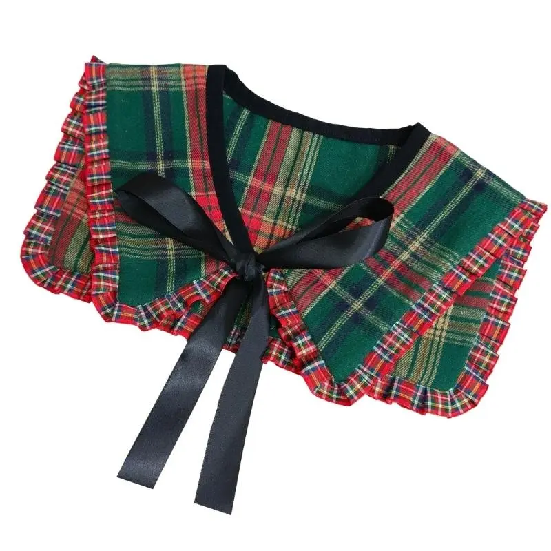 652F Women Lightweight Detachable False Collar Shawl Scarf Vintage Checkered Plaids Neckline Ruffled Trim Bows Tie Capelet