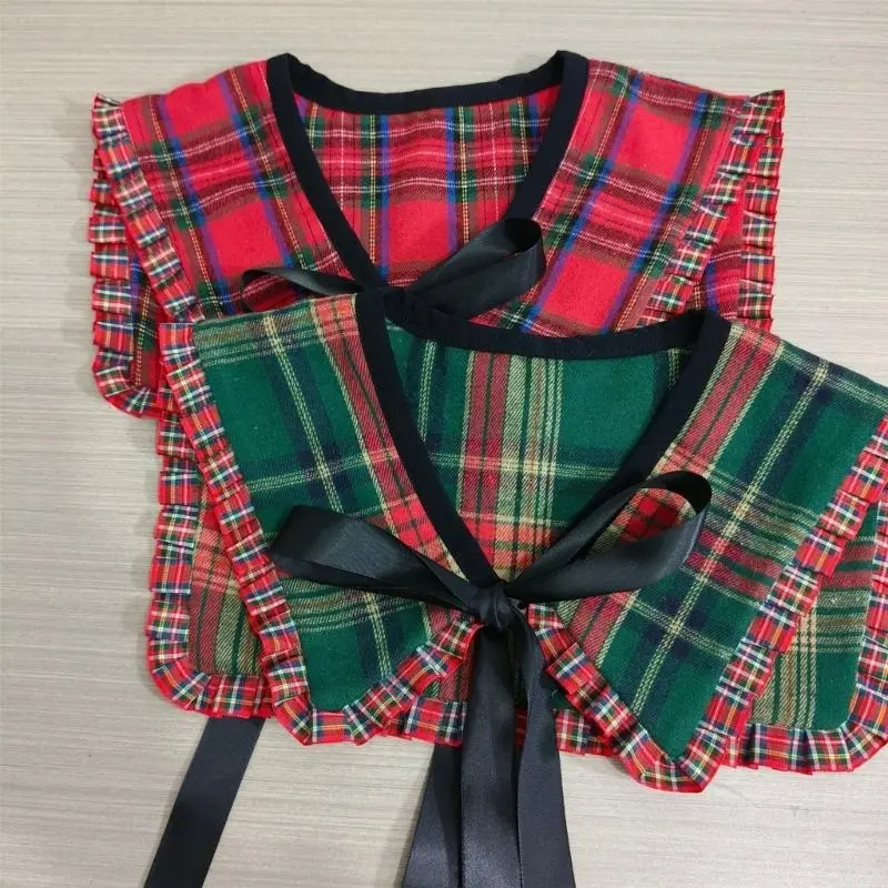 652F Women Lightweight Detachable False Collar Shawl Scarf Vintage Checkered Plaids Neckline Ruffled Trim Bows Tie Capelet