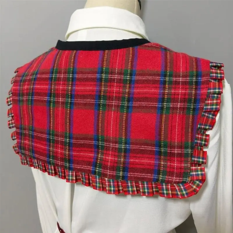 652F Women Lightweight Detachable False Collar Shawl Scarf Vintage Checkered Plaids Neckline Ruffled Trim Bows Tie Capelet
