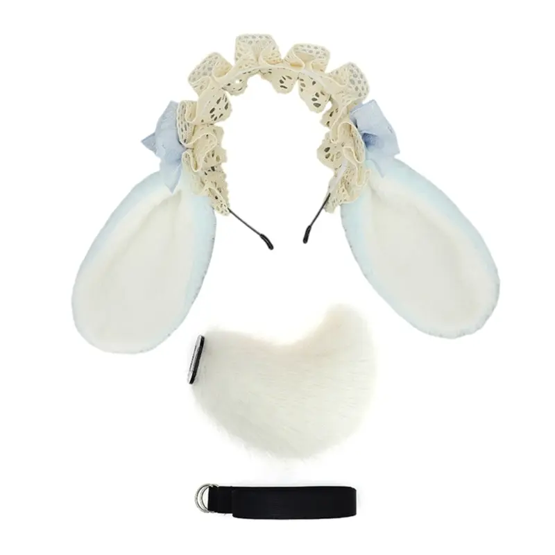 652F Bunnies Ears Headband Faux Furs Tail Animal Ears Headbands Short Bunnies Tail Halloween Cosplay Costume Bunnies Costume