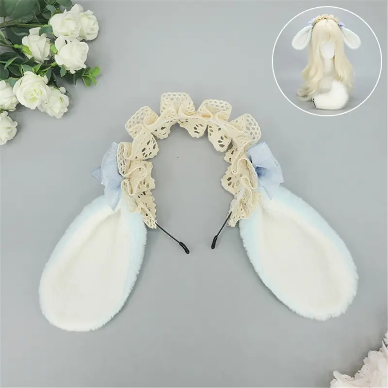 652F Bunnies Ears Headband Faux Furs Tail Animal Ears Headbands Short Bunnies Tail Halloween Cosplay Costume Bunnies Costume