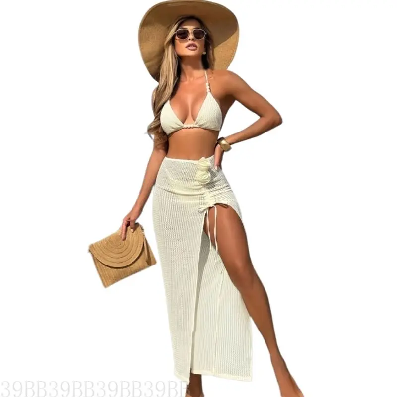 39BB Women Two Piece Halterneck Swimwears Set with Beach Coverup Triangular Thong Swimsuit Set Low Waist Thong Bathing Suit