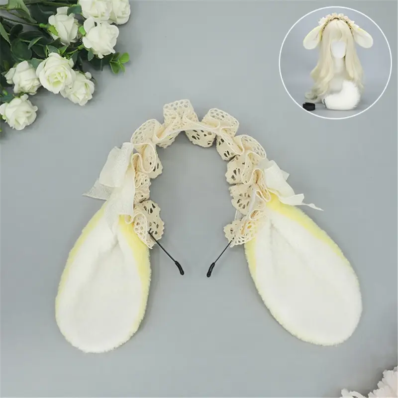 652F Bunnies Ears Headband Faux Furs Tail Animal Ears Headbands Short Bunnies Tail Halloween Cosplay Costume Bunnies Costume