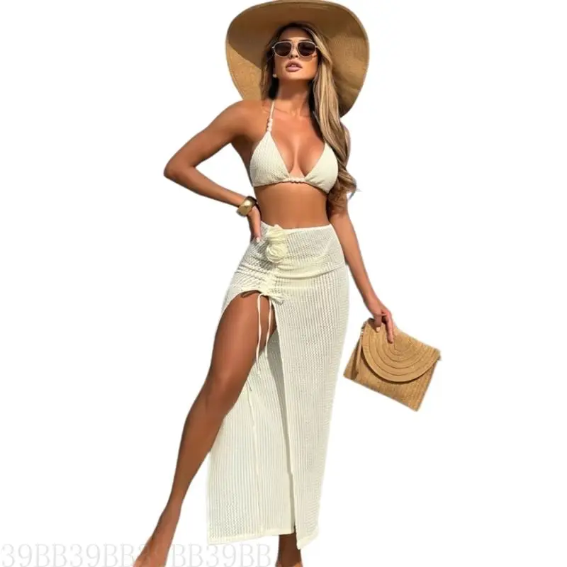 39BB Women Two Piece Halterneck Swimwears Set with Beach Coverup Triangular Thong Swimsuit Set Low Waist Thong Bathing Suit