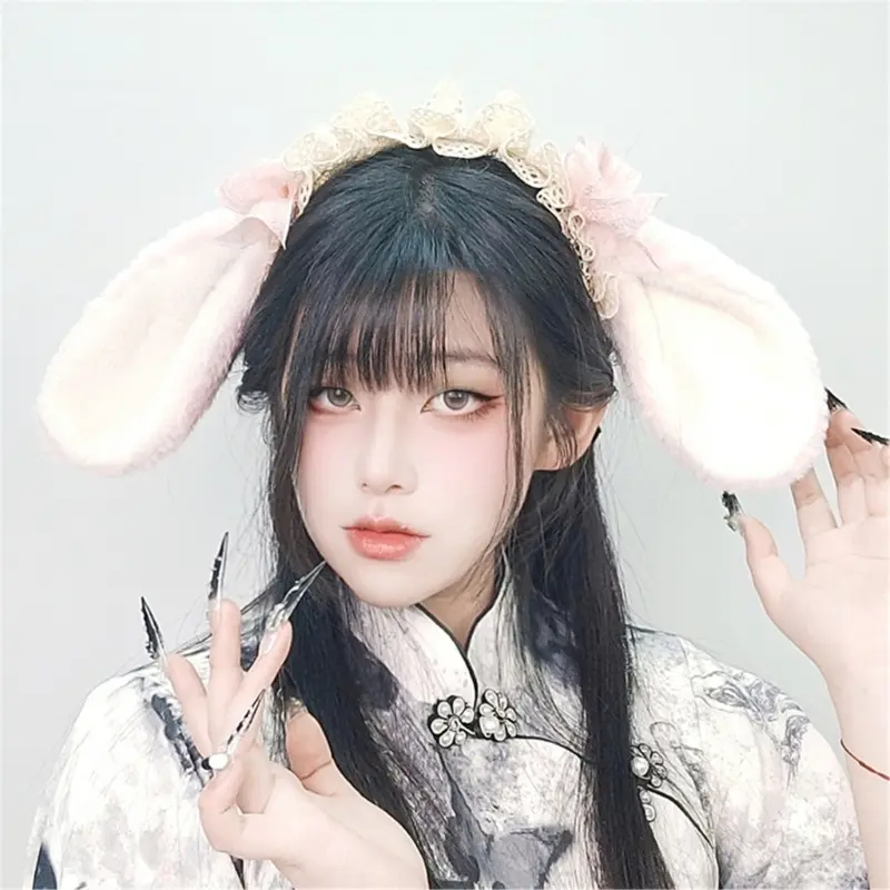652F Bunnies Ears Headband Faux Furs Tail Animal Ears Headbands Short Bunnies Tail Halloween Cosplay Costume Bunnies Costume
