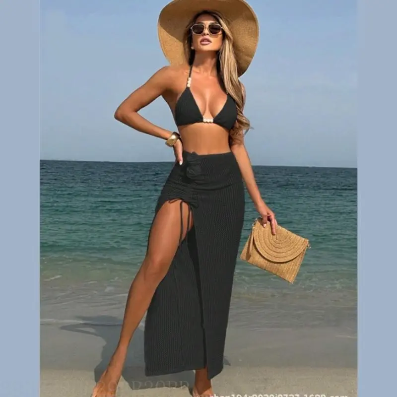 39BB Women Two Piece Halterneck Swimwears Set with Beach Coverup Triangular Thong Swimsuit Set Low Waist Thong Bathing Suit