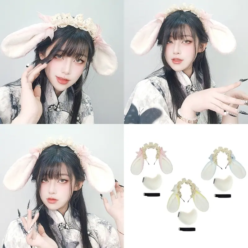 652F Bunnies Ears Headband Faux Furs Tail Animal Ears Headbands Short Bunnies Tail Halloween Cosplay Costume Bunnies Costume