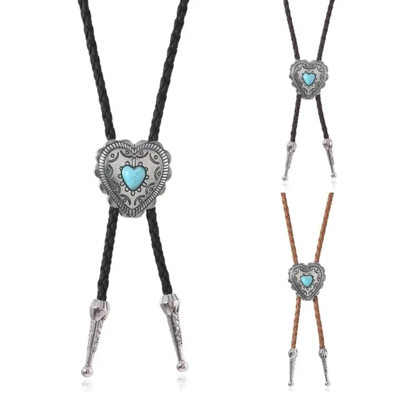 652F Pack of 3 Metal Heart Stone Bolo Tie for Cowboy Vest and Shirt Jewelry Necklace for Unisex Western Leather Cord Necktie