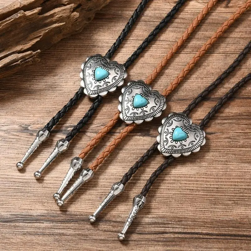 652F Pack of 3 Metal Heart Stone Bolo Tie for Cowboy Vest and Shirt Jewelry Necklace for Unisex Western Leather Cord Necktie