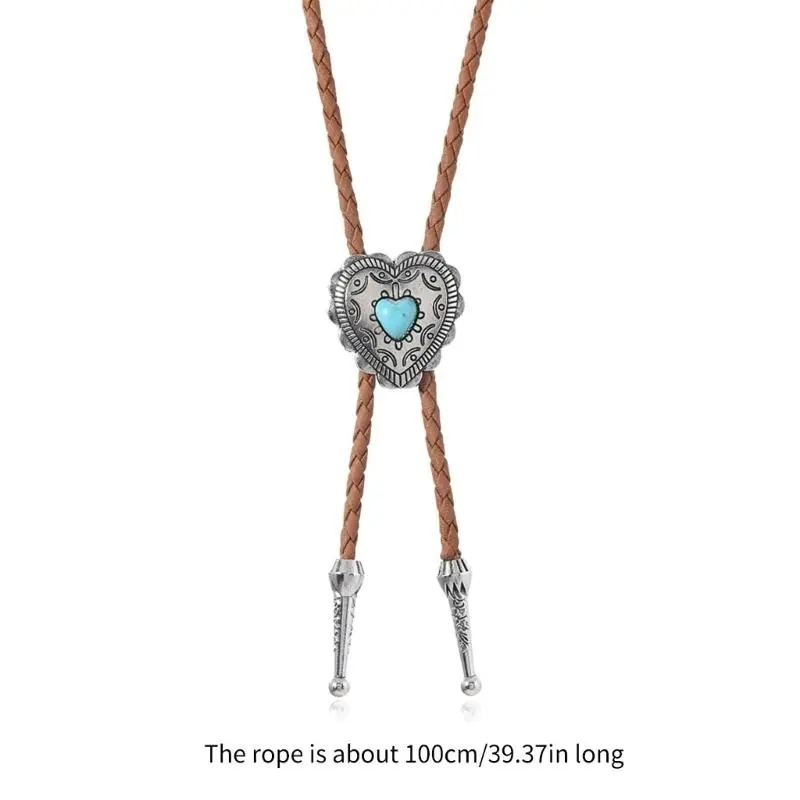 652F Pack of 3 Metal Heart Stone Bolo Tie for Cowboy Vest and Shirt Jewelry Necklace for Unisex Western Leather Cord Necktie