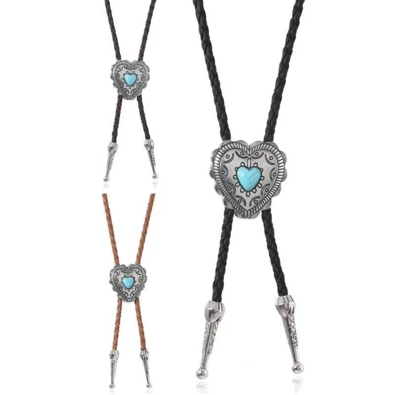 652F Pack of 3 Metal Heart Stone Bolo Tie for Cowboy Vest and Shirt Jewelry Necklace for Unisex Western Leather Cord Necktie
