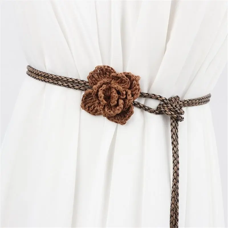 652F Handcraft Retro Flower Waist Rope Dress Waist Cord Soft PU Leather Belt for Fashion Enthusiasts Eye Catching Accessory