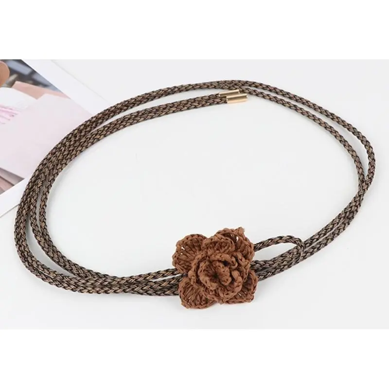 652F Handcraft Retro Flower Waist Rope Dress Waist Cord Soft PU Leather Belt for Fashion Enthusiasts Eye Catching Accessory