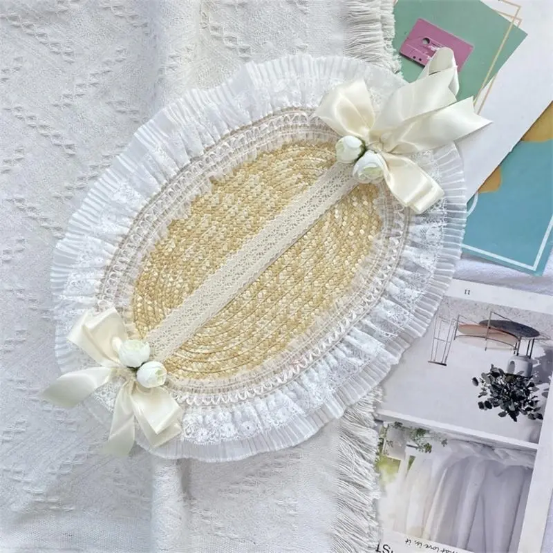 652F Women Vintage Lolitas Straw Hat Breathable Sunscreen Straw Hat Comfortable Hat for Street Photography