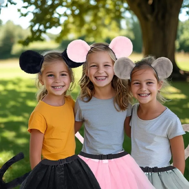 652F Kids Mouse Costume Accessories Set Mouse Ears Headband Tail Tutus Animal Fancy Costume for Halloween Cosplay Party