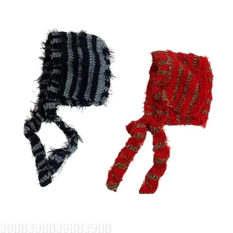 652F Lovely Knitted Laceup Ear Flap Hat for Adult All Matching 2000s Striped Pullover Hat Winter Warm Caps for Daily Use
