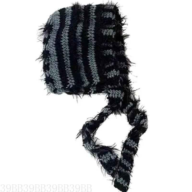652F Lovely Knitted Laceup Ear Flap Hat for Adult All Matching 2000s Striped Pullover Hat Winter Warm Caps for Daily Use