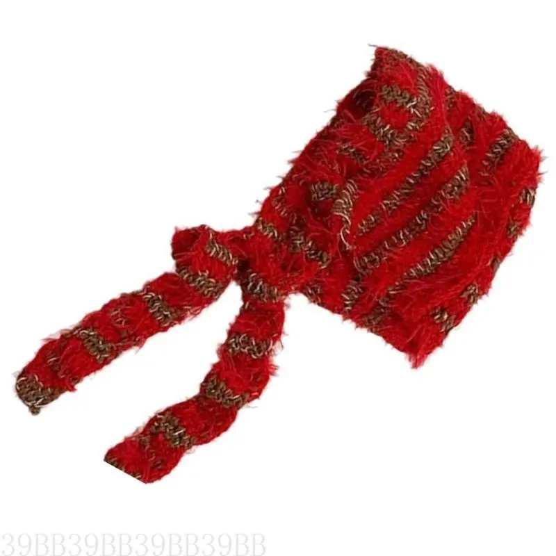 652F Lovely Knitted Laceup Ear Flap Hat for Adult All Matching 2000s Striped Pullover Hat Winter Warm Caps for Daily Use
